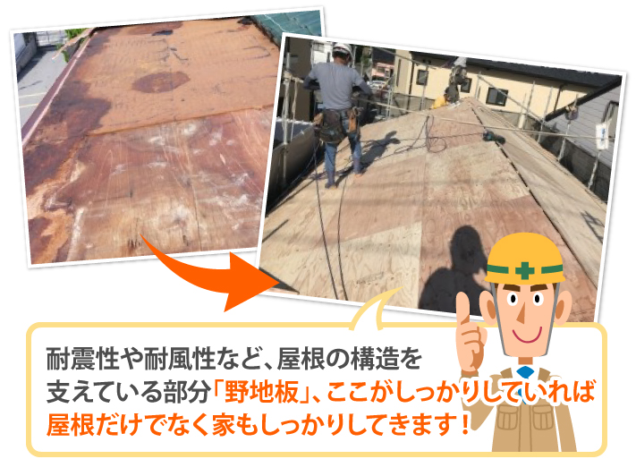 耐震性や耐風性など、屋根の構造を支えている部分「野地板」、ここがしっかりしていれば屋根だけでなく家もしっかりしてきます!
