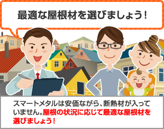 最適な屋根材を選びましょう!ートメタルは安価ながら、断熱材が入っていません。屋根の状況に応じて最適な屋根材を選びましょう!