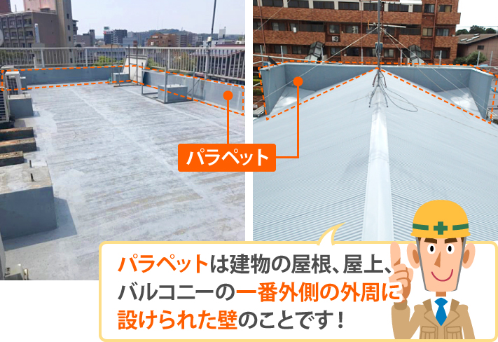 パラペットは建物の屋根、屋上、バルコニーの一番外側の外周に設けられた壁のことです!