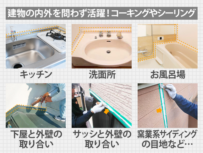建物の内外を問わず活躍!コーキングやシーリング キッチン・洗面所・お風呂場・下屋と外壁の取り合い・サッシと外壁の取り合い・窯業系サイディングの目地など…