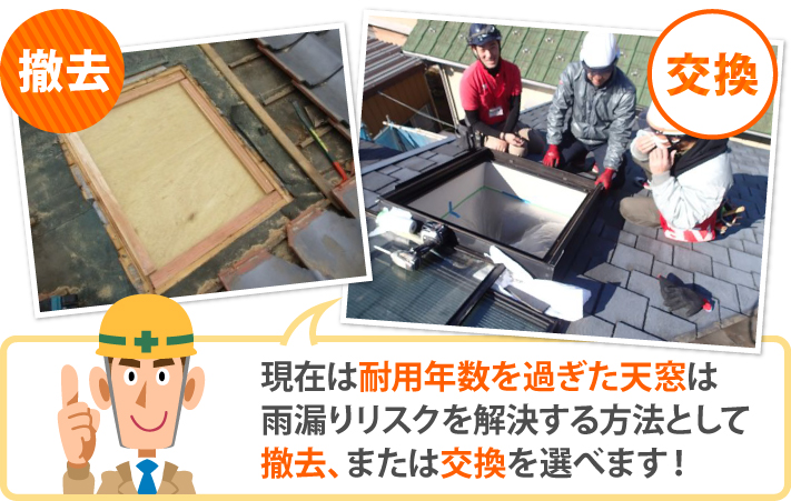 現在は耐用年数を過ぎた天窓は雨漏りリスクを解決する方法として撤去、または交換を選べます!