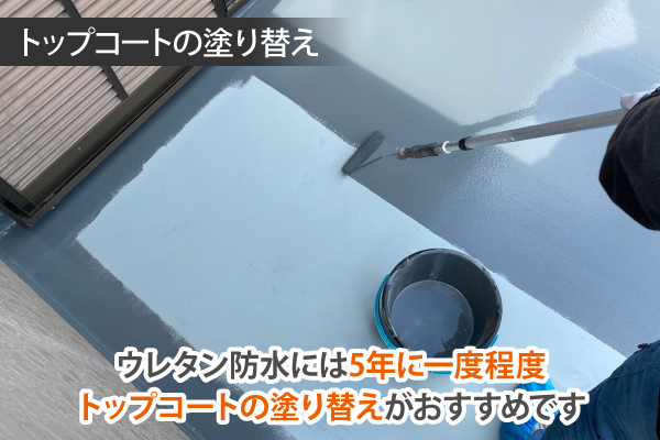 ウレタン防水には5年に一度程度、トップコートの塗り替えがおすすめです