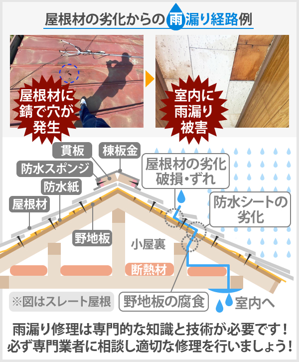 屋根材に錆で穴が発生した箇所から、室内へ雨漏りするまでの雨漏り経路 雨漏り修理は専門的な知識と技術が必要です!必ず専門業者に相談し適切な修理を行いましょう!