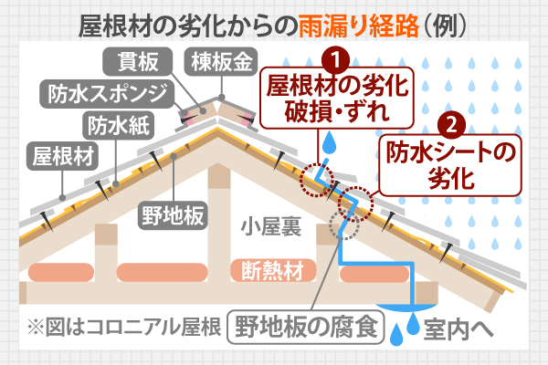 屋根材の劣化からの雨漏り経路(例)