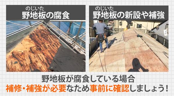 野地板が腐食している場合、補修・補強が必要なため事前に確認しましょう!
