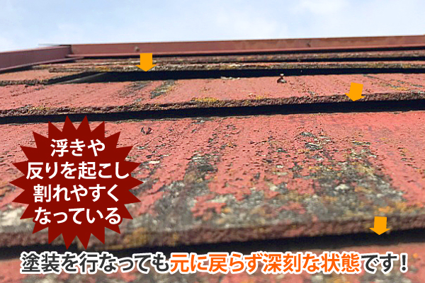 浮きや反りを起こし割れやすくなっているスレートは、塗装を行なっても元に戻らず深刻な状態です!