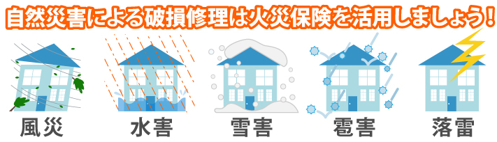 風災、水害、雪害、雹害、落雷など、自然災害による破損修理は火災保険を活用しましょう!