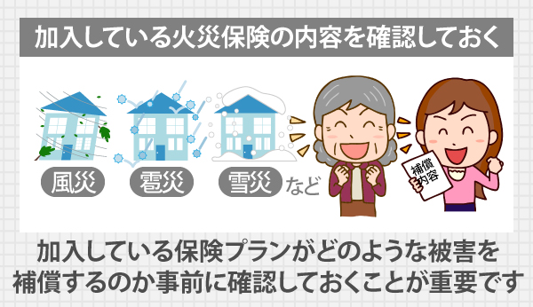 加入している火災保険の内容を確認しておく!加入している保険プランがどのような被害を補償するのか、事前に確認しておくことが重要です