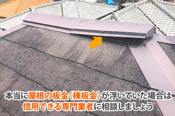 本当に屋根の板金(棟板金)が浮いていた場合は、信用できる専門業者に相談しましょう