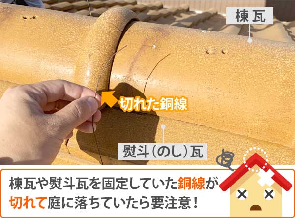棟瓦や熨斗瓦を固定していた銅線が切れて庭に落ちていたら要注意!