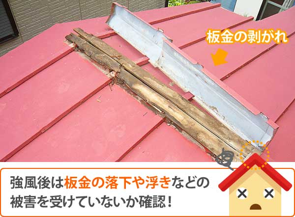 強風後は板金の落下や浮きなどの被害を受けていないか確認!