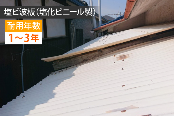 塩ビ波板(塩化ビニール製)の耐用年数は1~3 年です