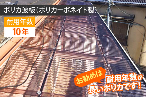 ポリカ波板(ポリカーボネイト製)の耐用年数は10年と長く、おすすめの屋根材です